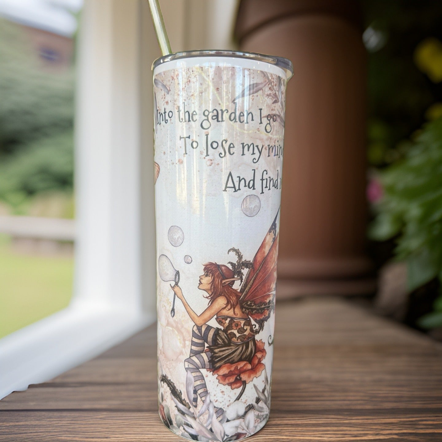 Soulful Garden Escapade Tumbler: Fairy Bliss and Bubbles on a 20 oz Canvas by Clark Funny Farm