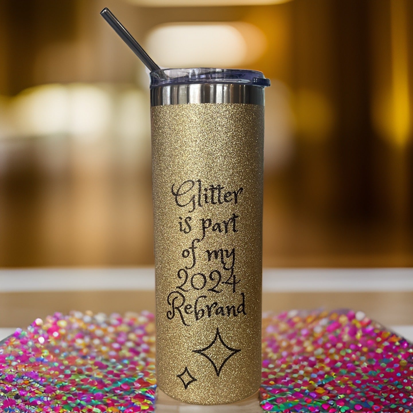 Golden Glamour Rebrand Tumbler: Sparkle into a Stylish 2024 and Beyond by Clark Funny Farm