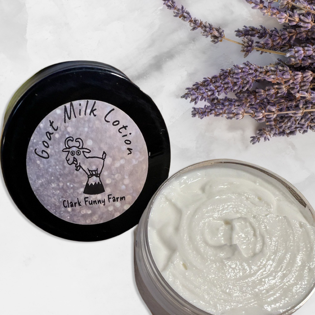 Lavender Fields Embrace: Clark Funny Farm's Enriching Goat Milk Lotion with Grade A Lavender Essential Oil