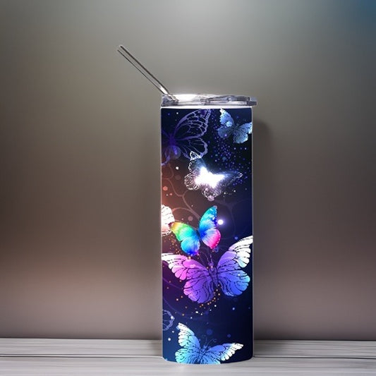 Midnight Flutter Stainless Steel Tumbler: Elegant Black with Vivid Butterflies by Clark Funny Farm