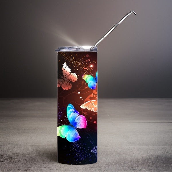 Midnight Flutter Stainless Steel Tumbler: Elegant Black with Vivid Butterflies by Clark Funny Farm