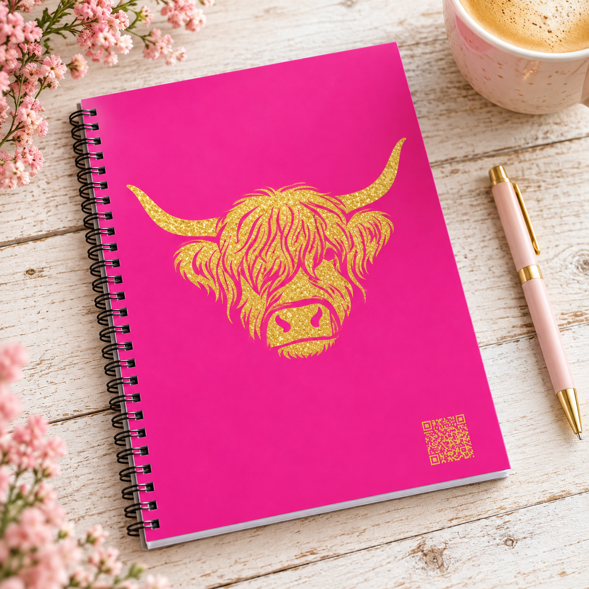 Hot Pink & Gold Highland Cow Spiral Notebook – 80 Lined Pages