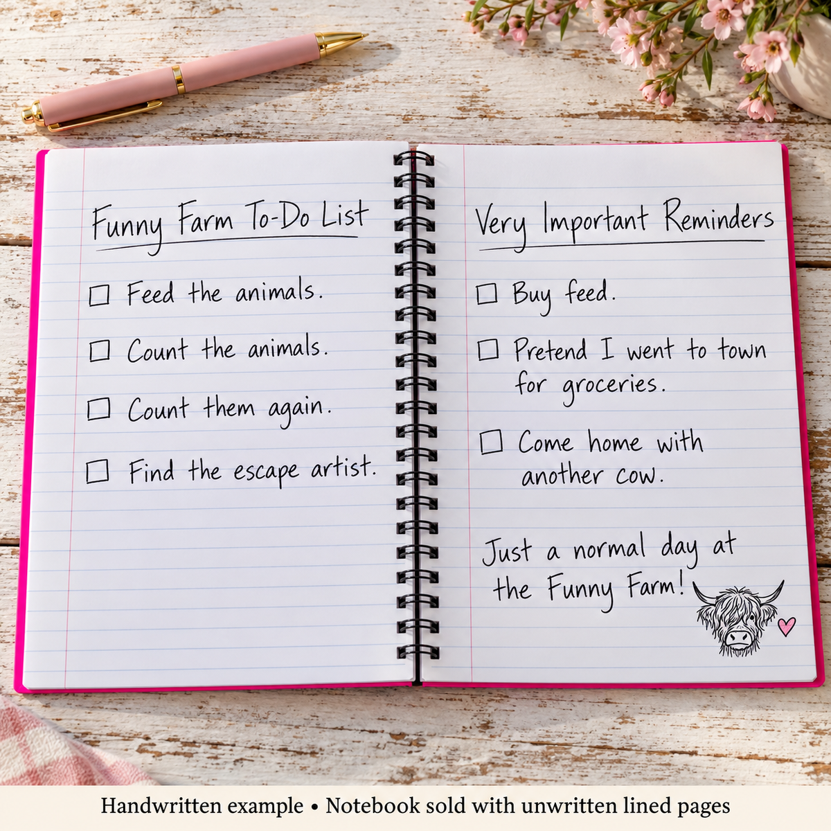 Hot Pink & Gold Highland Cow Spiral Notebook – 80 Lined Pages